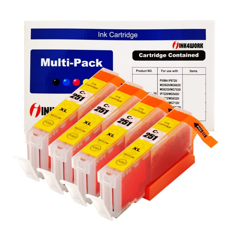 INK4WORK 4 Pack Compatible Ink Cartridge Replacement for Canon CLI-251XL CLI-251 XL Yellow to use with PIXMA MX722 MX922 iP7220 iP8720 iX6820 MG5420 MG5422 MG5520 MG5522 MG5620 (Yellow, 4-Pack) - Image 1